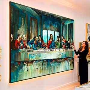 Quadro Santa Ceia em Cores Frias visto de frente, exibindo sua moldura e sua arte.