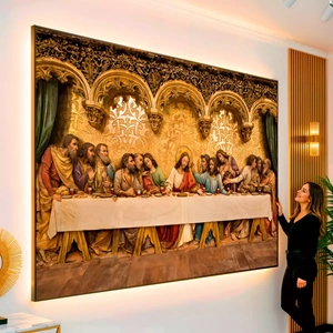 Quadro Santa Ceia em pintura Impressionista visto de frente, exibindo sua moldura e sua arte.