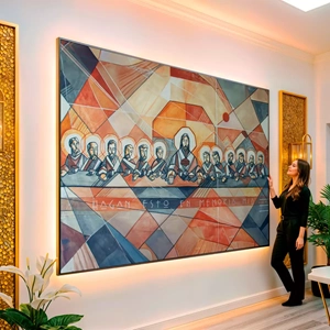 Quadro Santa Ceia Geométrica visto de frente, exibindo sua moldura e sua arte.