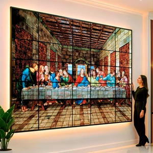 Quadro Santa Ceia Vitral visto de frente, exibindo sua moldura e sua arte.
