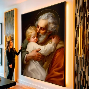 Quadro São José e Menino Jesus visto de frente, exibindo sua moldura e sua arte.