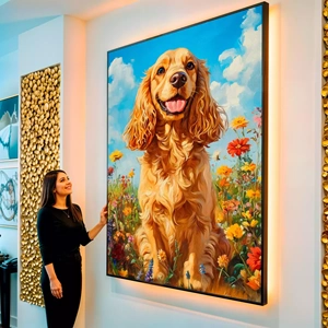 Quadro Spaniel Inglês visto de frente, exibindo sua moldura e sua arte.