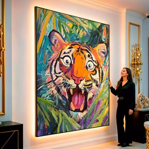 Quadro Tigre Selvagem no Brilho da Floresta visto de frente, exibindo sua moldura e sua arte.