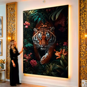 Quadro Tigre Soberano Entre Flores e Folhagens visto de frente, exibindo sua moldura e sua arte.