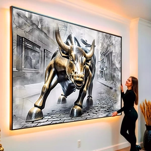 Quadro Touro de Wall Street em Pintura Marcante visto de frente, exibindo sua moldura e sua arte.