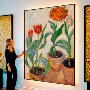 Quadro Três Potes de Tulipas visto de frente, exibindo sua moldura e sua arte.