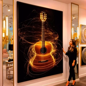 Quadro Violão Resplandecente em Sinfonia de Luz visto de frente, exibindo sua moldura e sua arte.