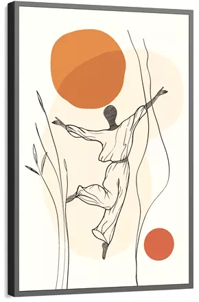 Quadro boho com ilustrações abstratas de formas geométricas e uma figura humana estilizada