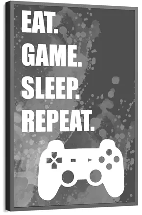 Quadro decorativo gamer com o texto 'Eat. Game. Sleep. Repeat.'