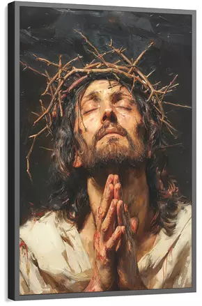 Quadro religioso de Jesus orando com uma coroa de espinhos