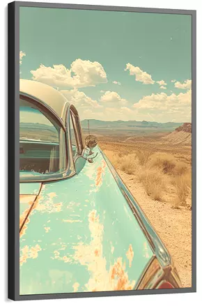 Quadro decorativo vintage com carro clássico em estrada deserta