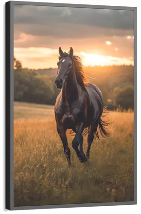 Quadro de cavalo galopando em um campo ao pôr do sol