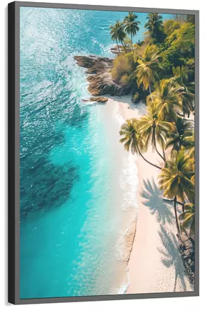 Quadro de uma praia tropical com águas azuis e coqueiros