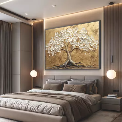 Quarto com cama, vários travesseiros e um grande quadro decorativo sobre a cabeceira