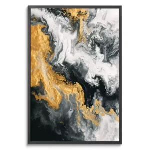 Quadro Abstrato - Dança de Ouro e Cinzas Eternas com moldura preta em um fundo branco