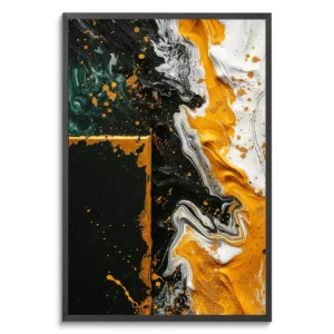 Quadro Abstrato - Fluxo de Cores e Texturas Dinâmicas com moldura preta em um fundo branco