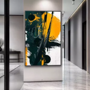 Ambiente decorado com um quadro pendurado na parede que retrata Abstrato - Pintura dos Traços Dinâmicos e Contrastantes