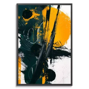 Quadro Abstrato - Pintura dos Traços Dinâmicos e Contrastantes com moldura preta em um fundo branco