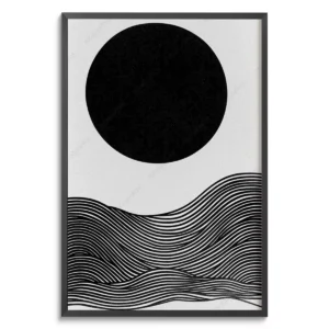 Quadro Abstrato Preto e branco sob a lua serena com moldura preta em um fundo branco