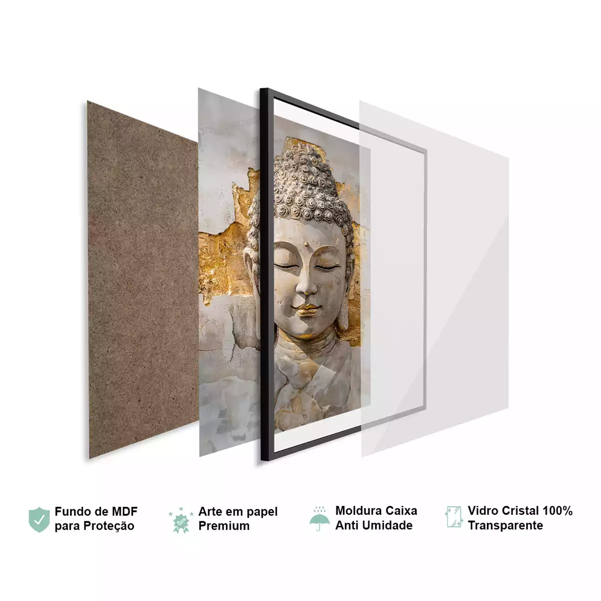 Detalhes da moldura e do vidro premium do quadro Buda - Serenidade Entre Ouro e Paz Eterna