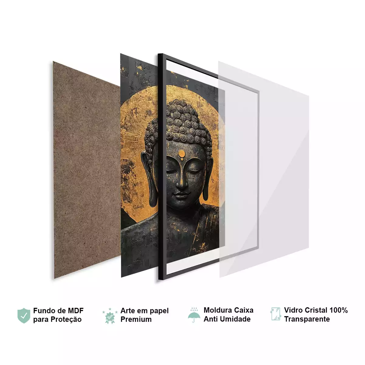 Detalhes da moldura e do vidro premium do quadro Buda - Tranquilidade Em Aura Dourada Eterna