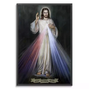 Quadro Jesus Misericordioso - Divina Misericórdia com moldura preta em um fundo branco