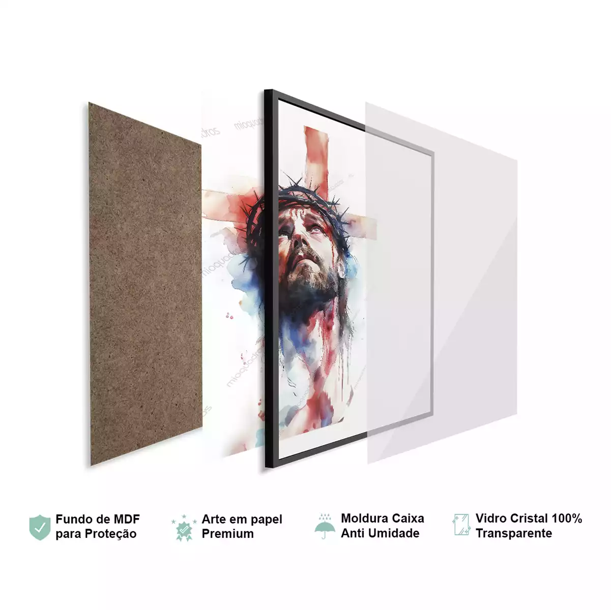 Detalhes da moldura e do vidro premium do quadro Jesus - Salvação das Almas Pelo Sacrifício Supremo