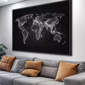 Ambiente decorado com um quadro pendurado na parede que retrata Mapa Mundi das Conexões Intercontinentais Luminosas