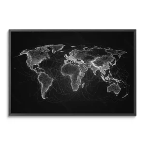 Quadro Mapa Mundi das Conexões Intercontinentais Luminosas com moldura preta em um fundo branco