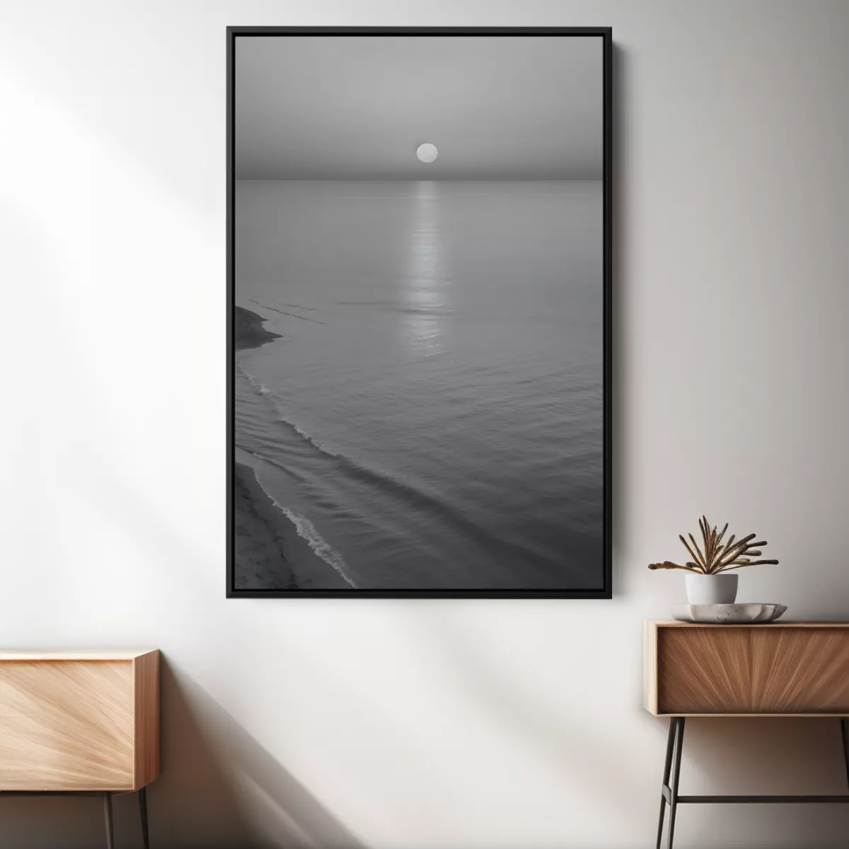 Quadro Mar e seu pôr do Sol preto e branco