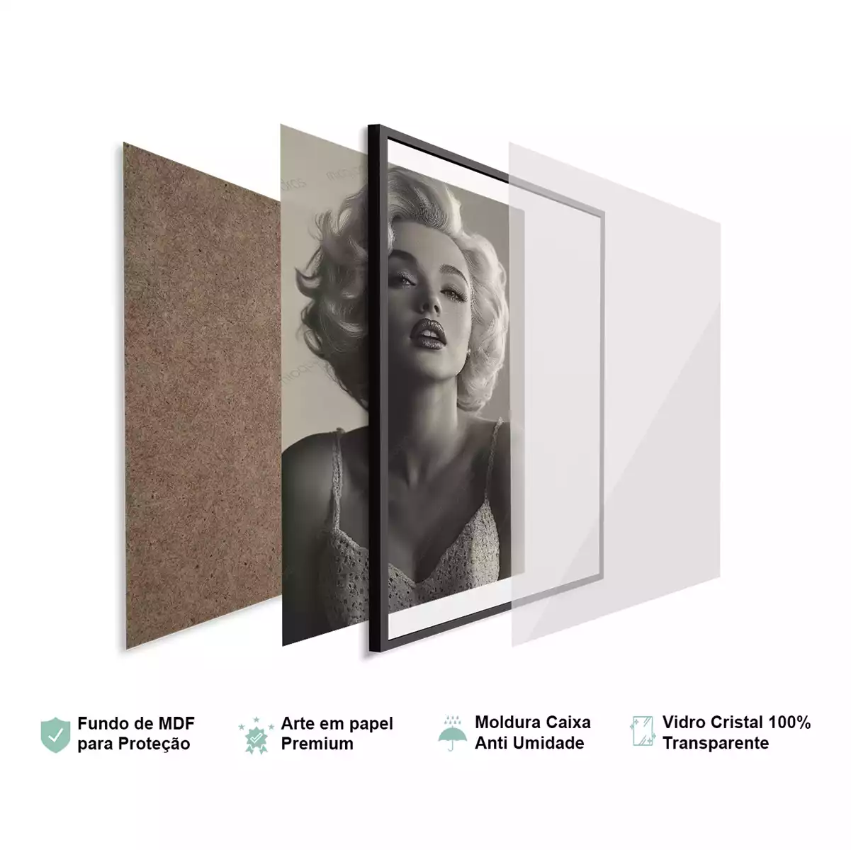 Detalhes da moldura e do vidro premium do quadro Marilyn Monroe em Elegância e Mistério Inesquecíveis