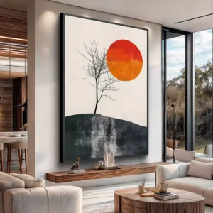 Ambiente decorado com um quadro pendurado na parede que retrata Minimalista - Silêncio do Sol na Paisagem Solitária