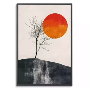 Quadro Minimalista - Silêncio do Sol na Paisagem Solitária com moldura preta em um fundo branco