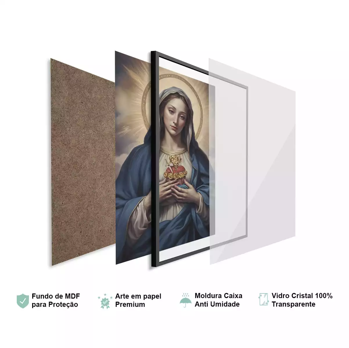 Detalhes da moldura e do vidro premium do quadro O Imaculado Coração de Maria